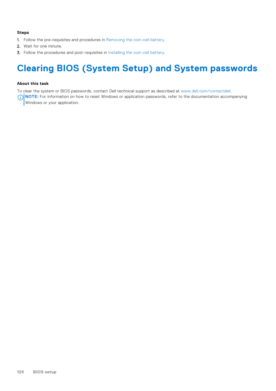 Clearing bios (system setup) and system passwords | Dell 23.8" OptiPlex 7410 All-in-One Desktop Computer (Gray) User Manual | Page 124 / 129