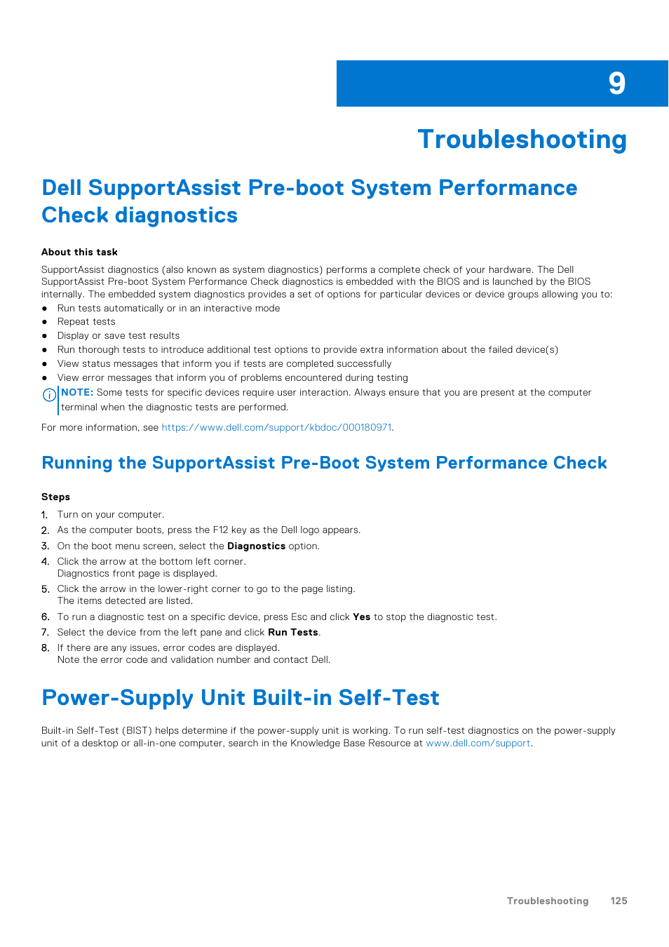 Troubleshooting, Power-supply unit built-in self-test, Chapter 9: troubleshooting | Dell 23.8" OptiPlex 7410 All-in-One Desktop Computer (Gray) User Manual | Page 125 / 129