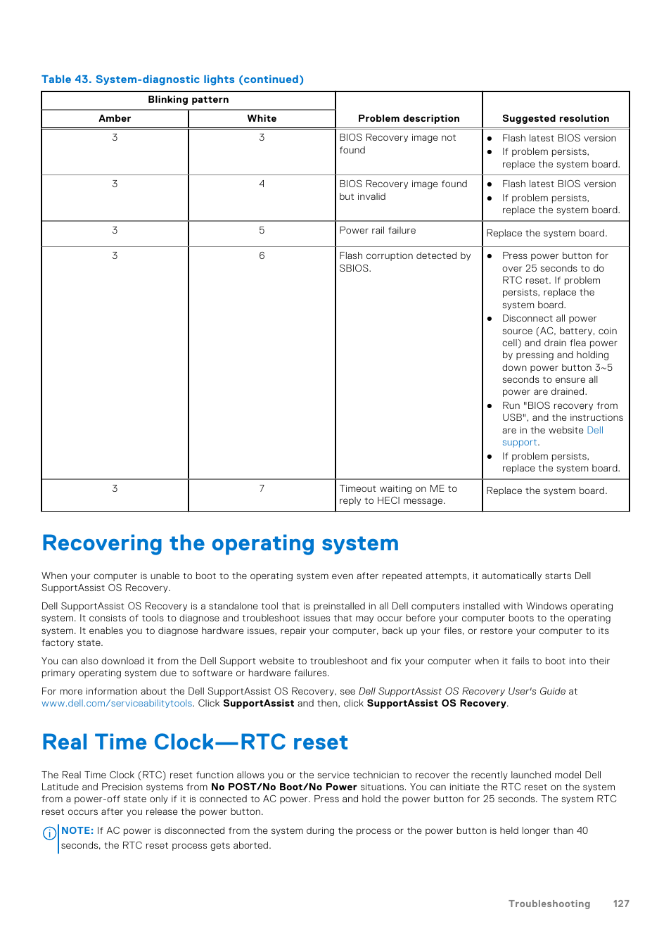 Recovering the operating system, Real time clock—rtc reset | Dell 23.8" OptiPlex 7410 All-in-One Desktop Computer (Gray) User Manual | Page 127 / 129