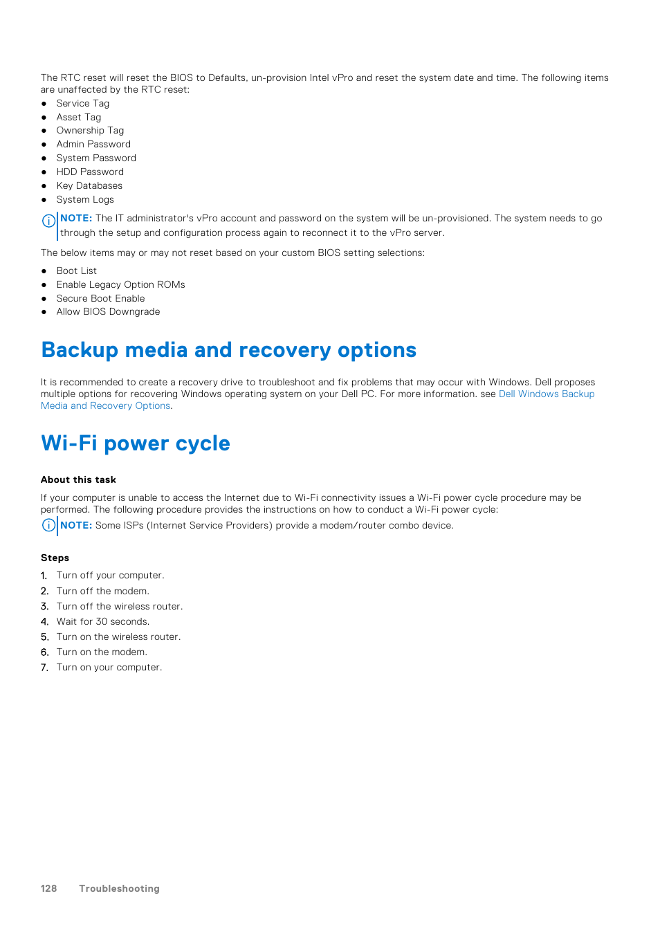 Backup media and recovery options, Wi-fi power cycle | Dell 23.8" OptiPlex 7410 All-in-One Desktop Computer (Gray) User Manual | Page 128 / 129