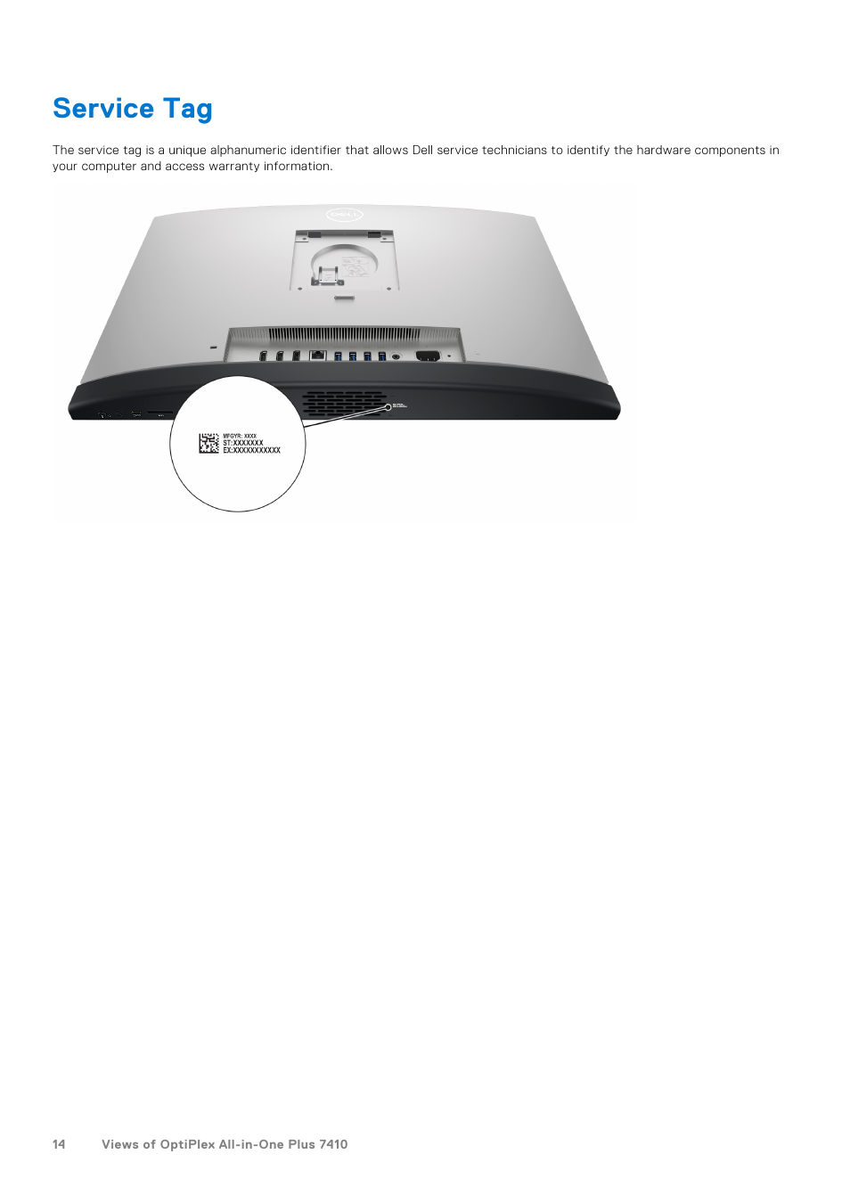 Service tag | Dell 23.8" OptiPlex 7410 All-in-One Desktop Computer (Gray) User Manual | Page 14 / 129