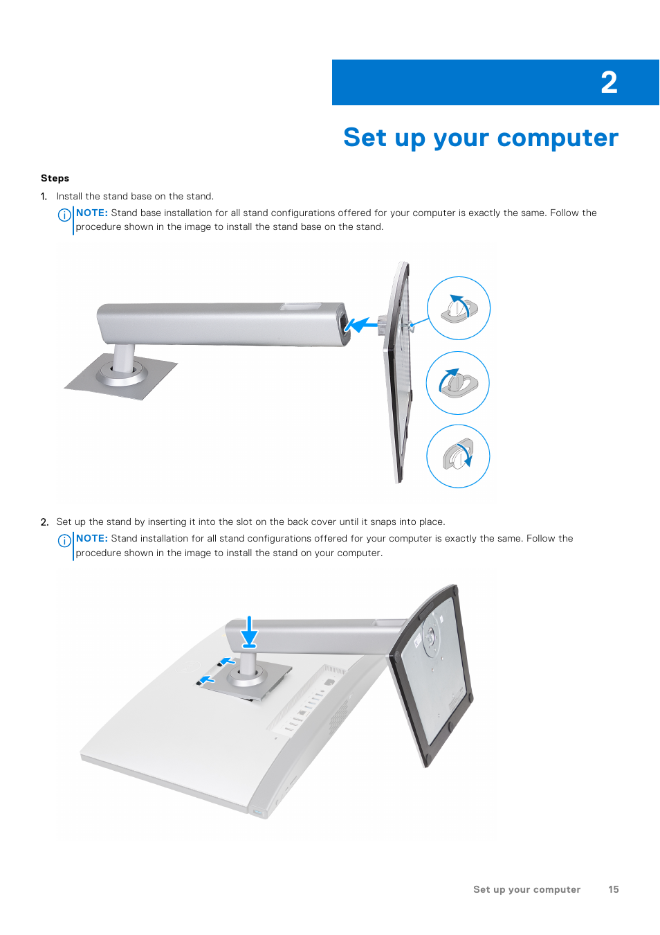 Set up your computer, Chapter 2: set up your computer | Dell 23.8" OptiPlex 7410 All-in-One Desktop Computer (Gray) User Manual | Page 15 / 129