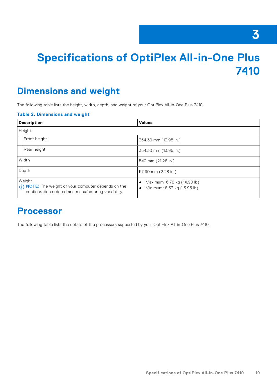 Specifications of optiplex all-in-one plus 7410, Dimensions and weight, Processor | Dimensions and weight processor | Dell 23.8" OptiPlex 7410 All-in-One Desktop Computer (Gray) User Manual | Page 19 / 129