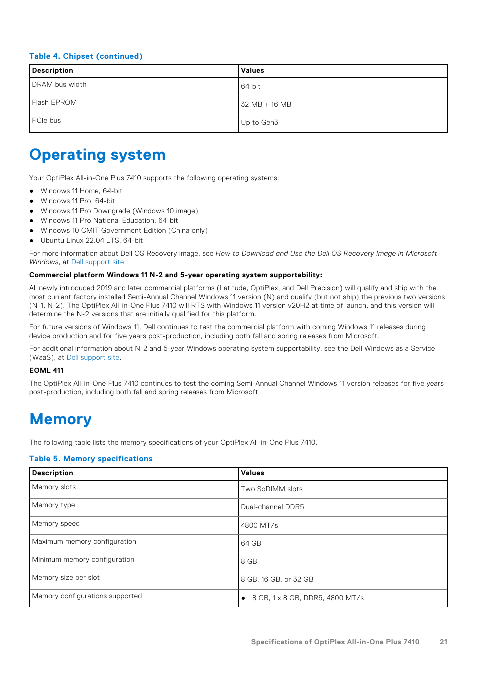 Operating system, Memory, Operating system memory | Dell 23.8" OptiPlex 7410 All-in-One Desktop Computer (Gray) User Manual | Page 21 / 129