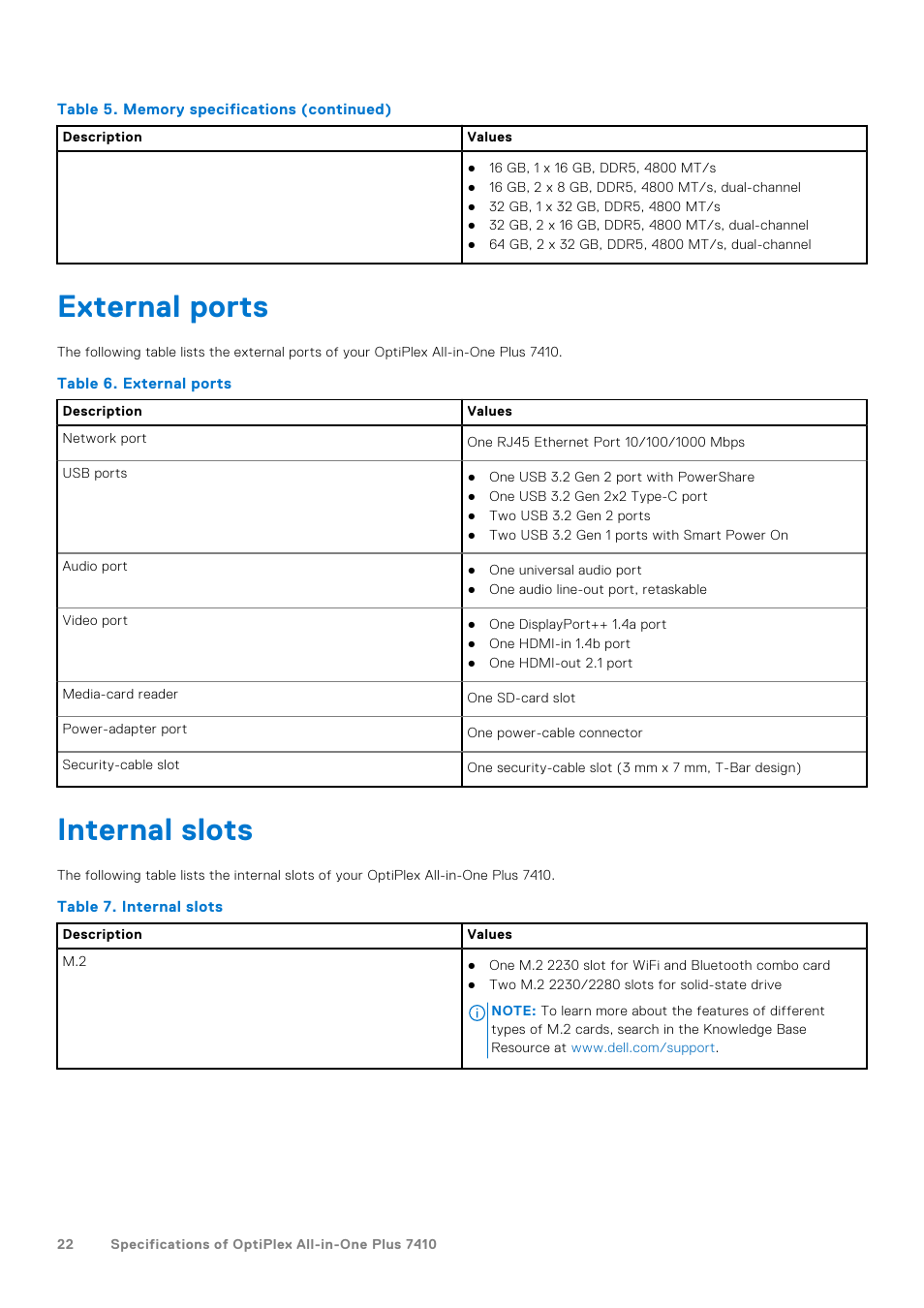 External ports, Internal slots, External ports internal slots | Dell 23.8" OptiPlex 7410 All-in-One Desktop Computer (Gray) User Manual | Page 22 / 129
