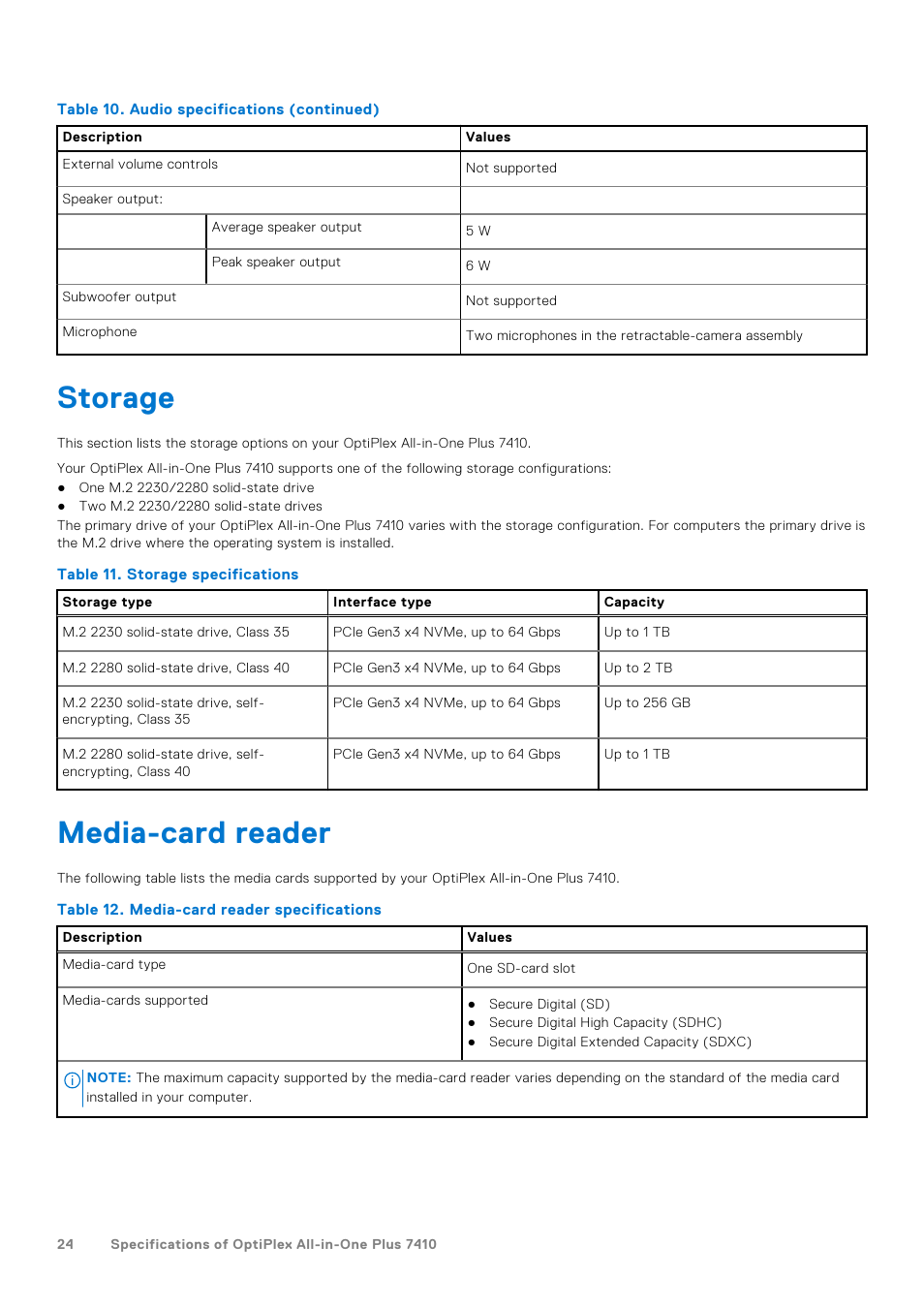 Storage, Media-card reader, Storage media-card reader | Dell 23.8" OptiPlex 7410 All-in-One Desktop Computer (Gray) User Manual | Page 24 / 129