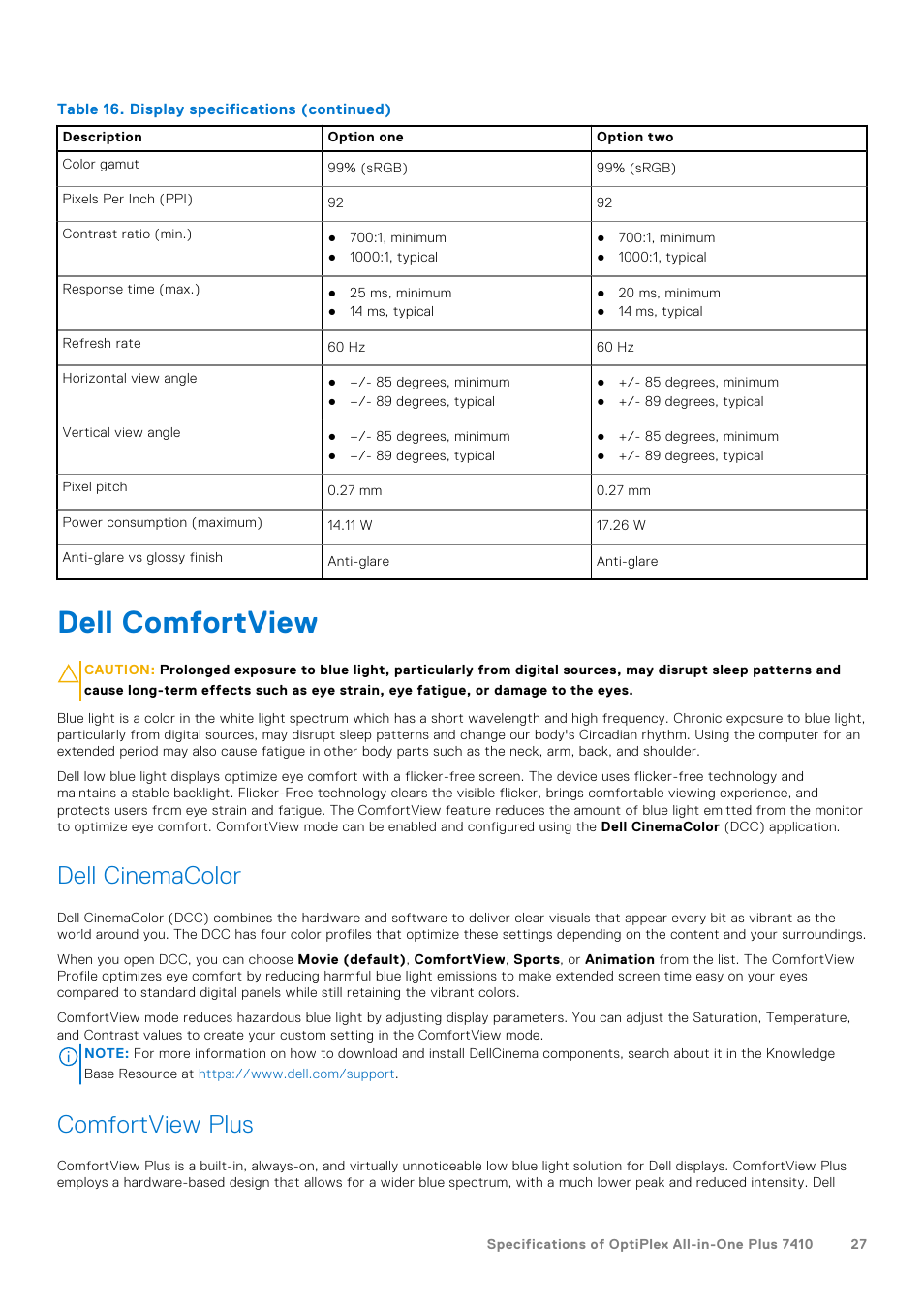 Dell comfortview, Dell cinemacolor, Comfortview plus | Dell 23.8" OptiPlex 7410 All-in-One Desktop Computer (Gray) User Manual | Page 27 / 129