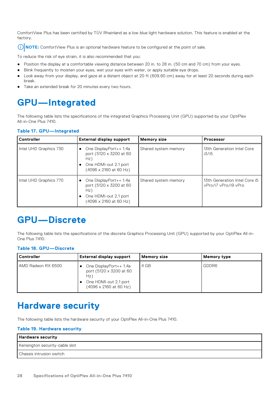 Gpu—integrated, Gpu—discrete, Hardware security | Gpu—integrated gpu—discrete hardware security | Dell 23.8" OptiPlex 7410 All-in-One Desktop Computer (Gray) User Manual | Page 28 / 129