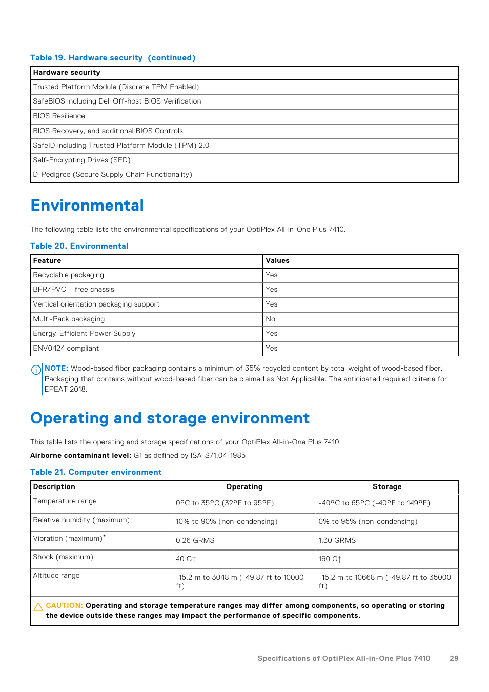 Environmental, Operating and storage environment, Environmental operating and storage environment | Dell 23.8" OptiPlex 7410 All-in-One Desktop Computer (Gray) User Manual | Page 29 / 129