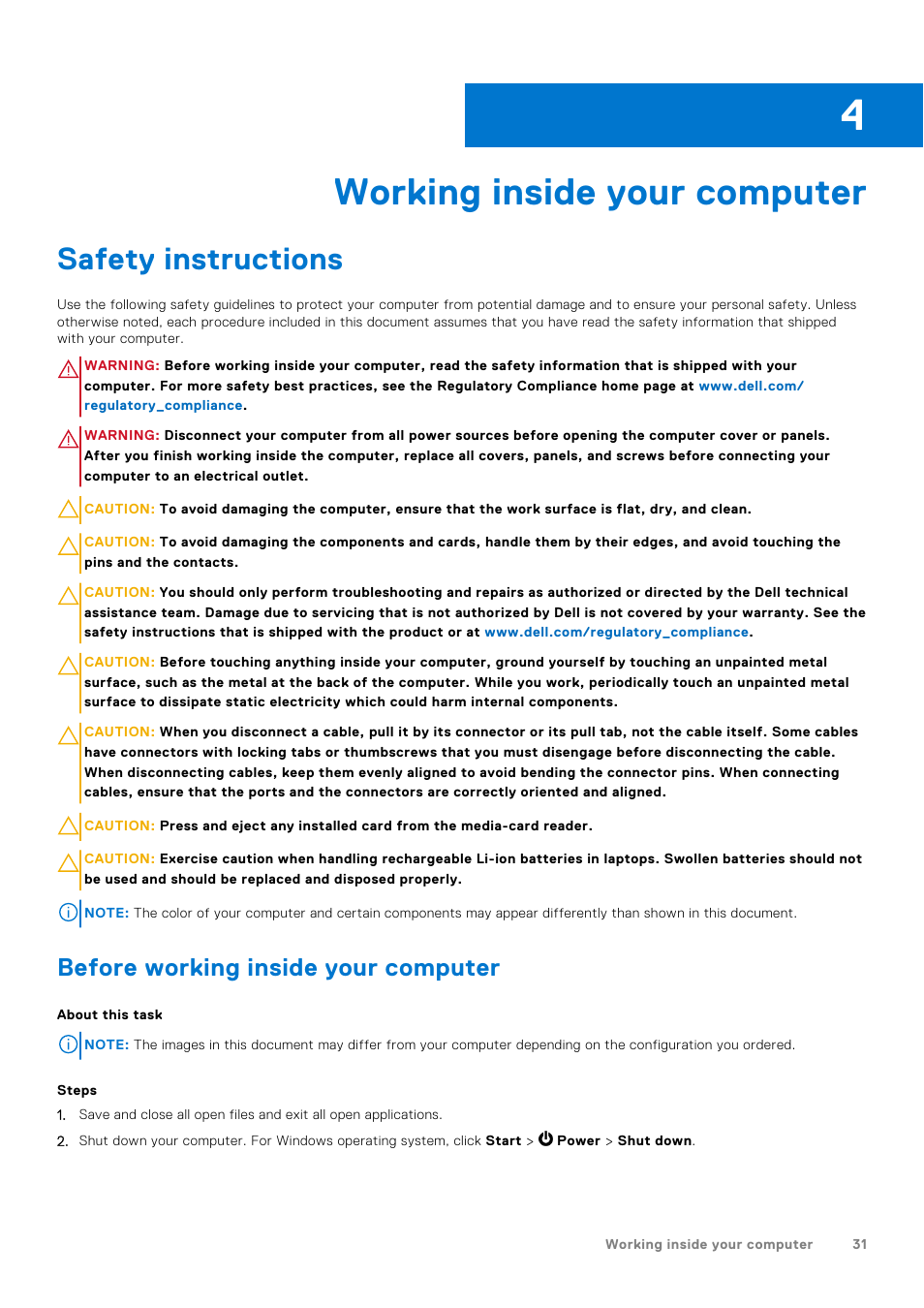 Working inside your computer, Safety instructions, Before working inside your computer | Chapter 4: working inside your computer | Dell 23.8" OptiPlex 7410 All-in-One Desktop Computer (Gray) User Manual | Page 31 / 129