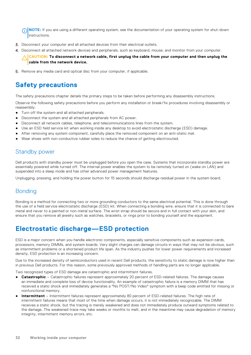 Safety precautions, Electrostatic discharge—esd protection, Standby power | Bonding | Dell 23.8" OptiPlex 7410 All-in-One Desktop Computer (Gray) User Manual | Page 32 / 129