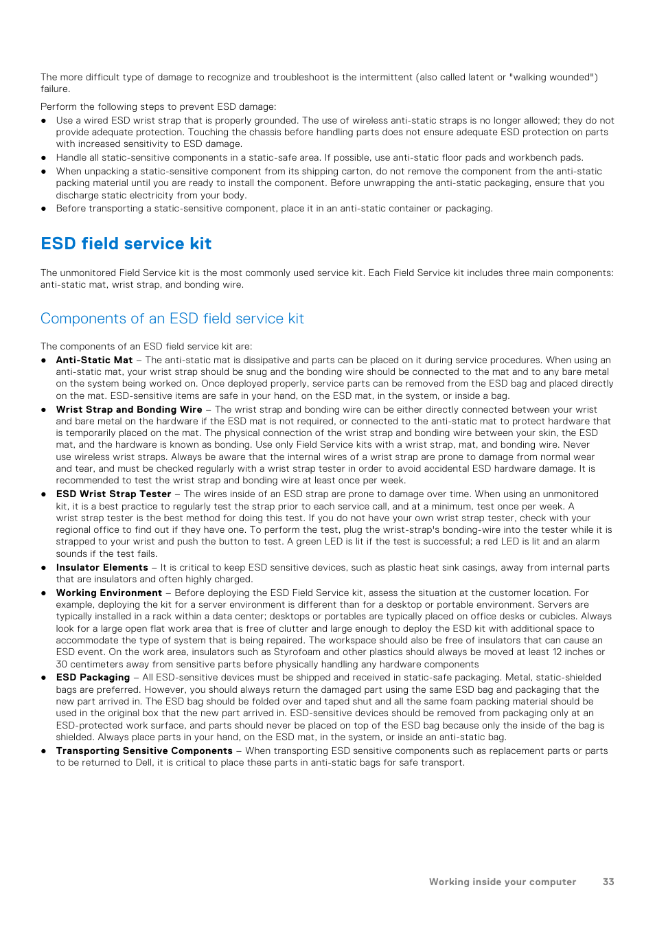 Esd field service kit, Components of an esd field service kit | Dell 23.8" OptiPlex 7410 All-in-One Desktop Computer (Gray) User Manual | Page 33 / 129