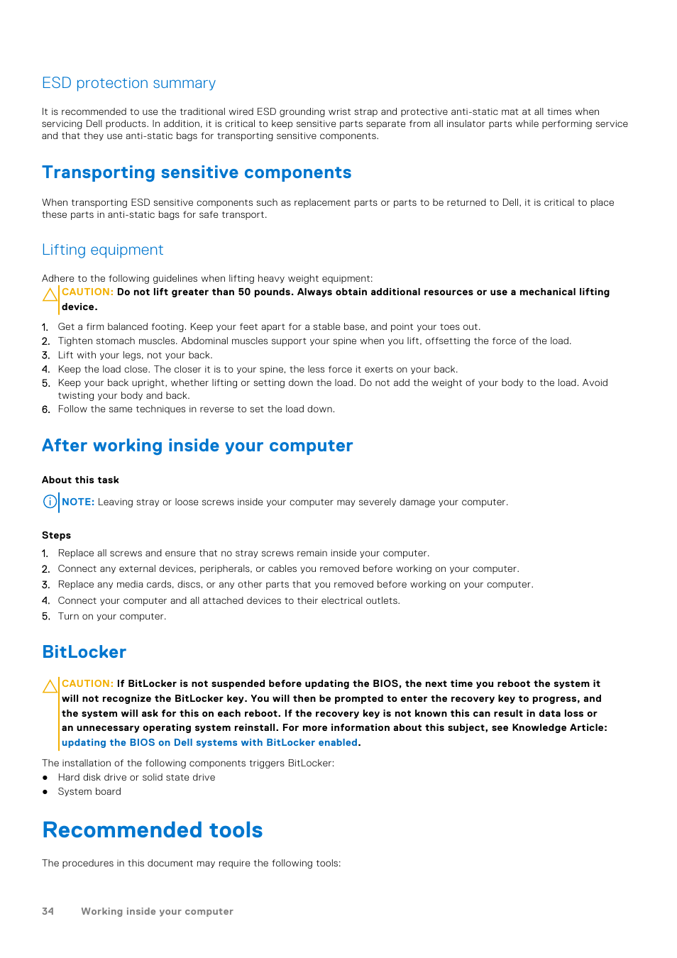 Transporting sensitive components, After working inside your computer, Bitlocker | Recommended tools, Esd protection summary, Lifting equipment | Dell 23.8" OptiPlex 7410 All-in-One Desktop Computer (Gray) User Manual | Page 34 / 129