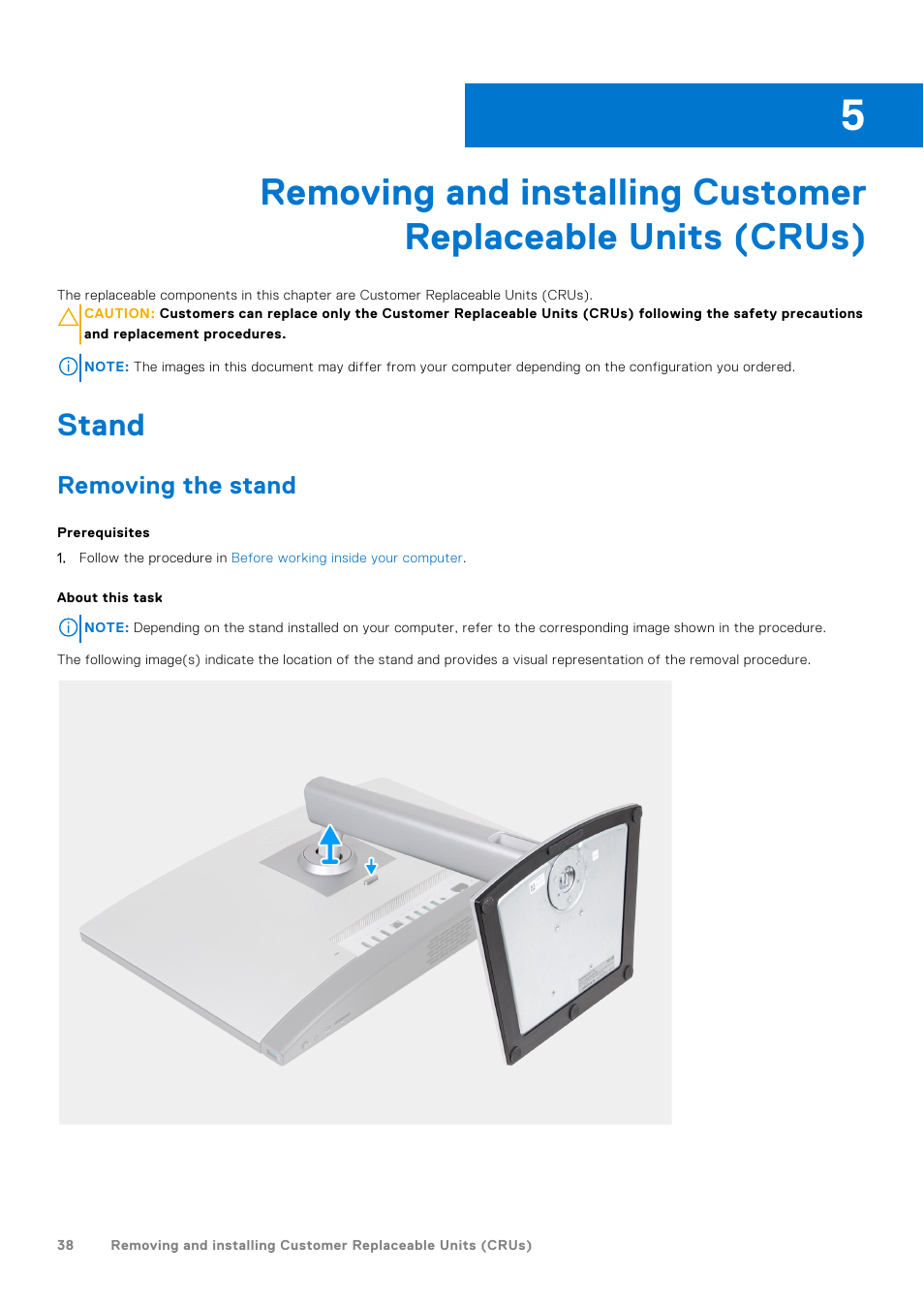 Stand, Removing the stand | Dell 23.8" OptiPlex 7410 All-in-One Desktop Computer (Gray) User Manual | Page 38 / 129