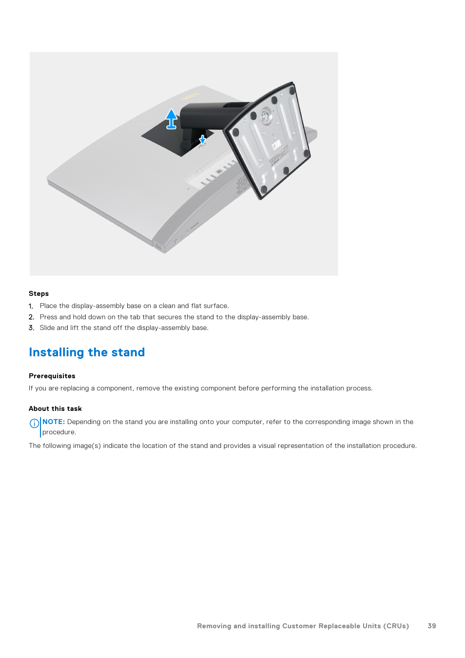 Installing the stand | Dell 23.8" OptiPlex 7410 All-in-One Desktop Computer (Gray) User Manual | Page 39 / 129