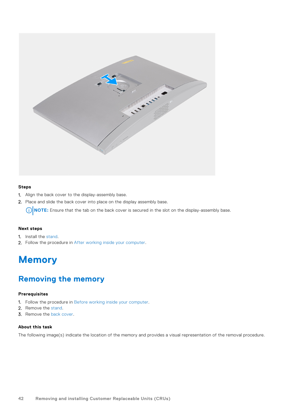 Memory, Removing the memory | Dell 23.8" OptiPlex 7410 All-in-One Desktop Computer (Gray) User Manual | Page 42 / 129