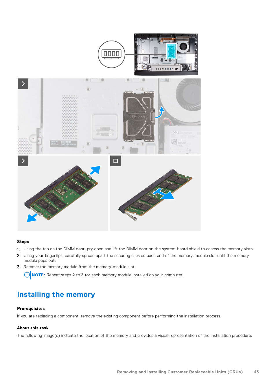 Installing the memory | Dell 23.8" OptiPlex 7410 All-in-One Desktop Computer (Gray) User Manual | Page 43 / 129