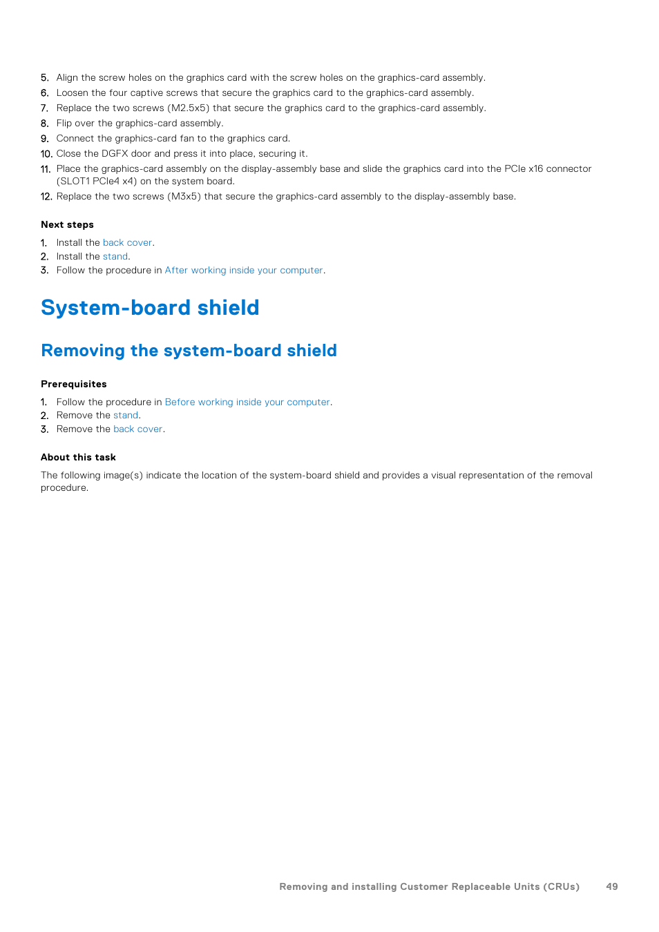 System-board shield, Removing the system-board shield | Dell 23.8" OptiPlex 7410 All-in-One Desktop Computer (Gray) User Manual | Page 49 / 129