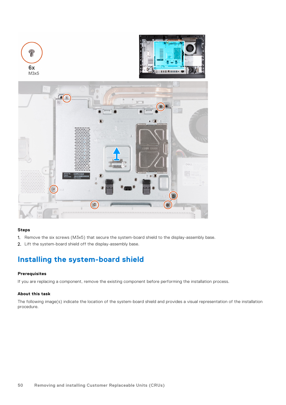 Installing the system-board shield | Dell 23.8" OptiPlex 7410 All-in-One Desktop Computer (Gray) User Manual | Page 50 / 129