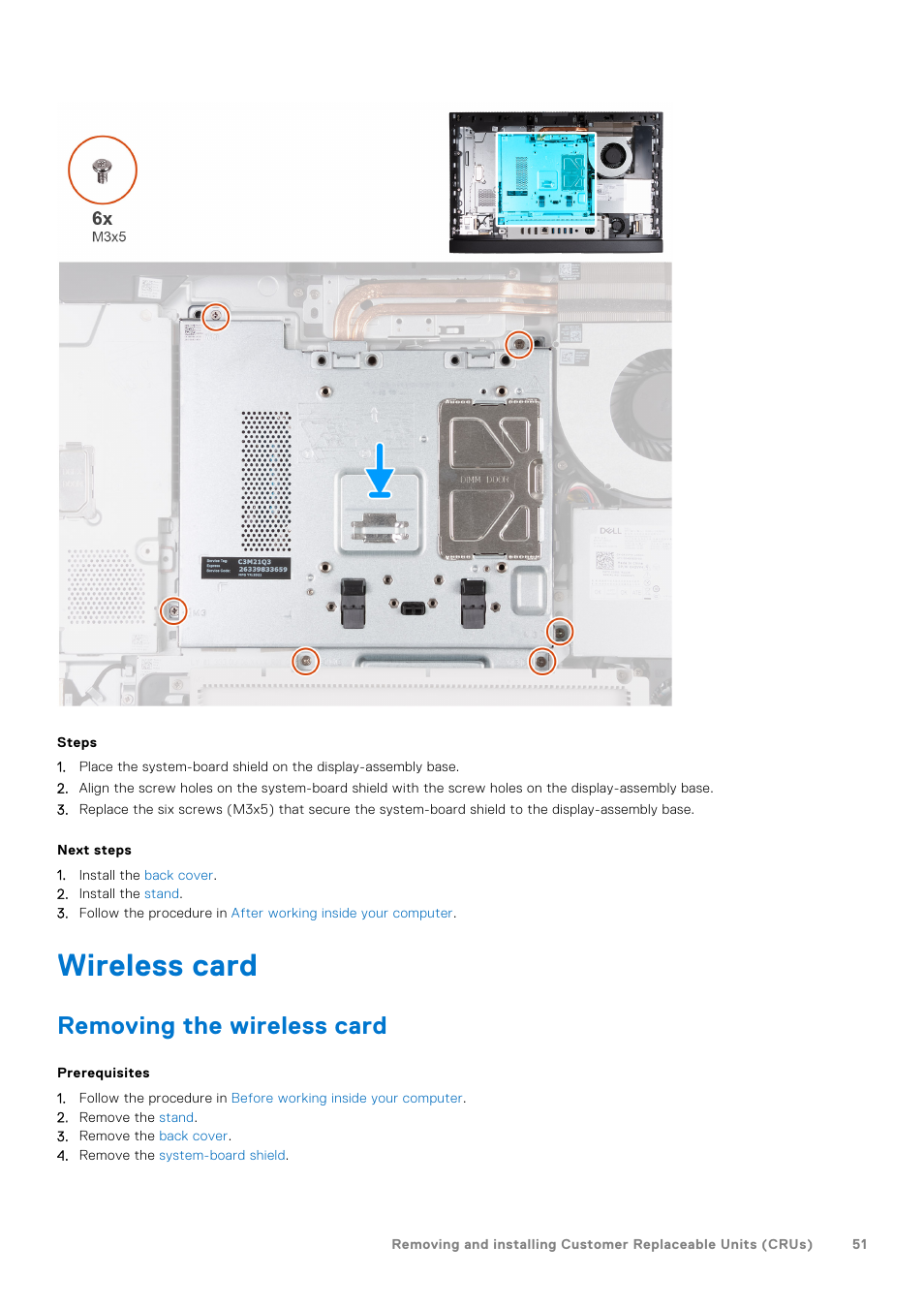 Wireless card, Removing the wireless card | Dell 23.8" OptiPlex 7410 All-in-One Desktop Computer (Gray) User Manual | Page 51 / 129