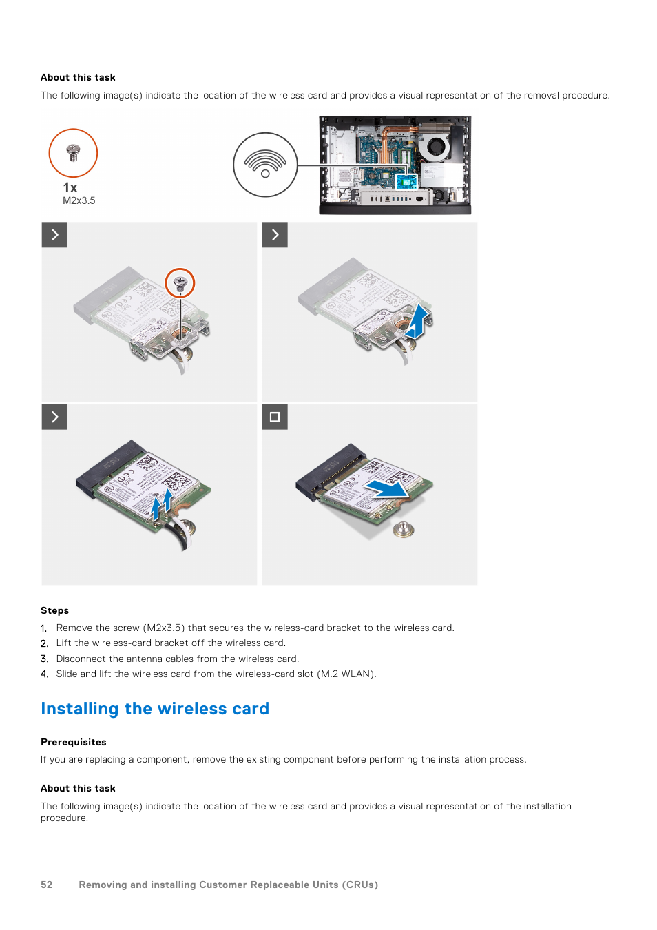 Installing the wireless card | Dell 23.8" OptiPlex 7410 All-in-One Desktop Computer (Gray) User Manual | Page 52 / 129
