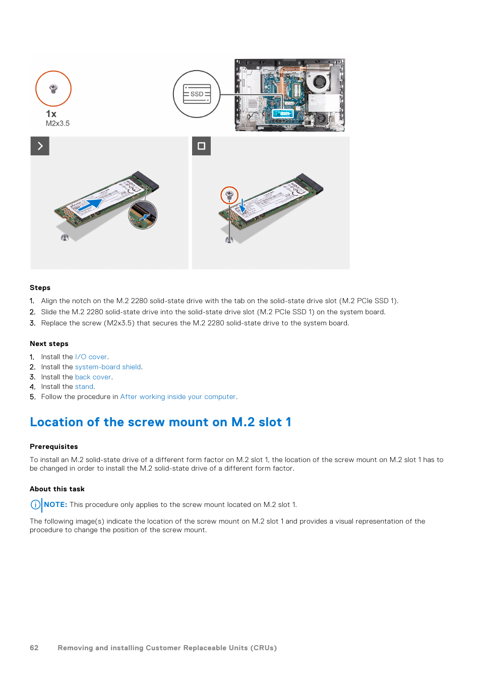 Location of the screw mount on m.2 slot 1 | Dell 23.8" OptiPlex 7410 All-in-One Desktop Computer (Gray) User Manual | Page 62 / 129