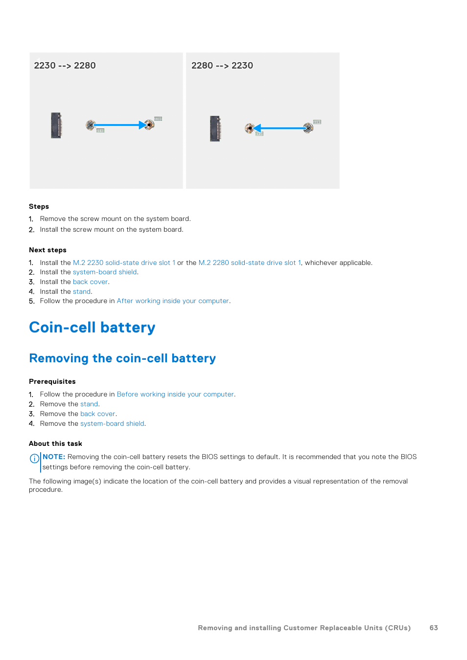 Coin-cell battery, Removing the coin-cell battery | Dell 23.8" OptiPlex 7410 All-in-One Desktop Computer (Gray) User Manual | Page 63 / 129