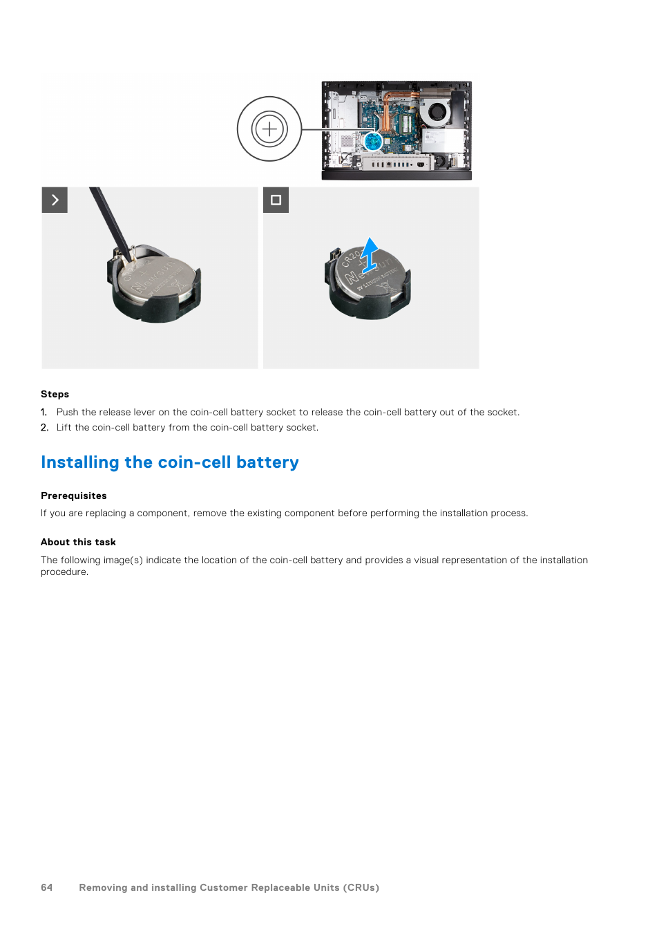 Installing the coin-cell battery | Dell 23.8" OptiPlex 7410 All-in-One Desktop Computer (Gray) User Manual | Page 64 / 129