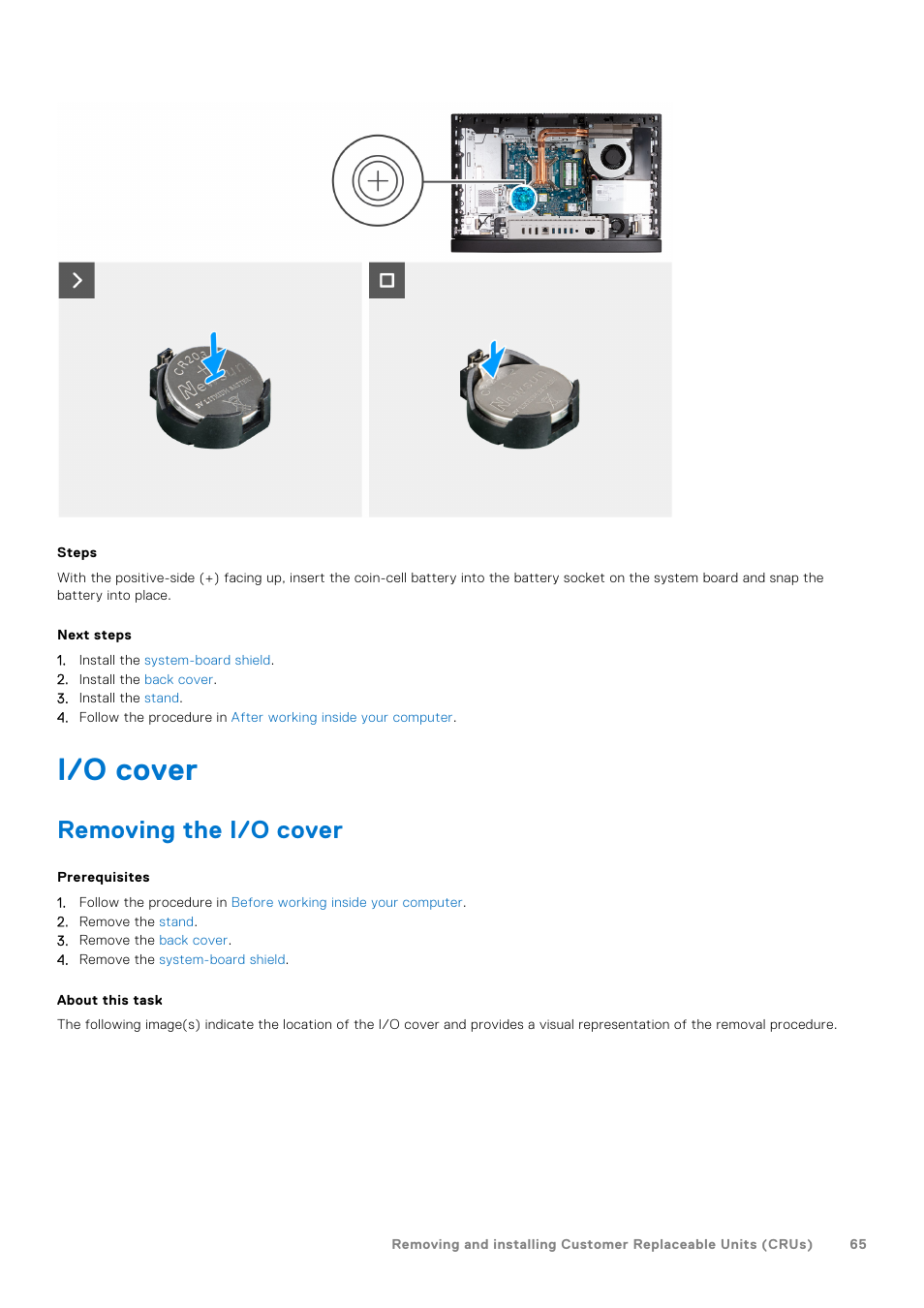I/o cover, Removing the i/o cover | Dell 23.8" OptiPlex 7410 All-in-One Desktop Computer (Gray) User Manual | Page 65 / 129