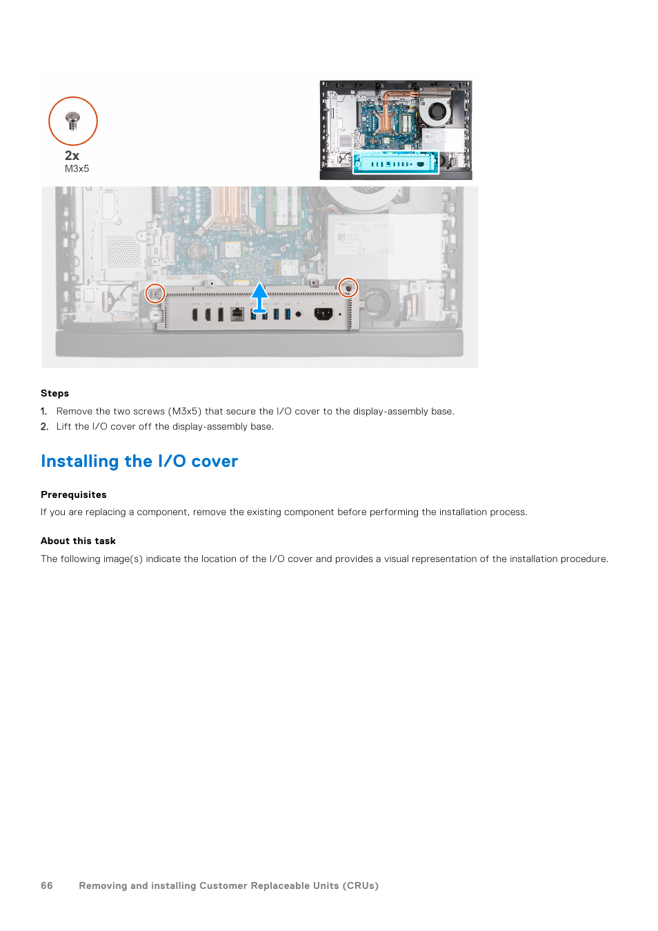 Installing the i/o cover, I/o cover | Dell 23.8" OptiPlex 7410 All-in-One Desktop Computer (Gray) User Manual | Page 66 / 129