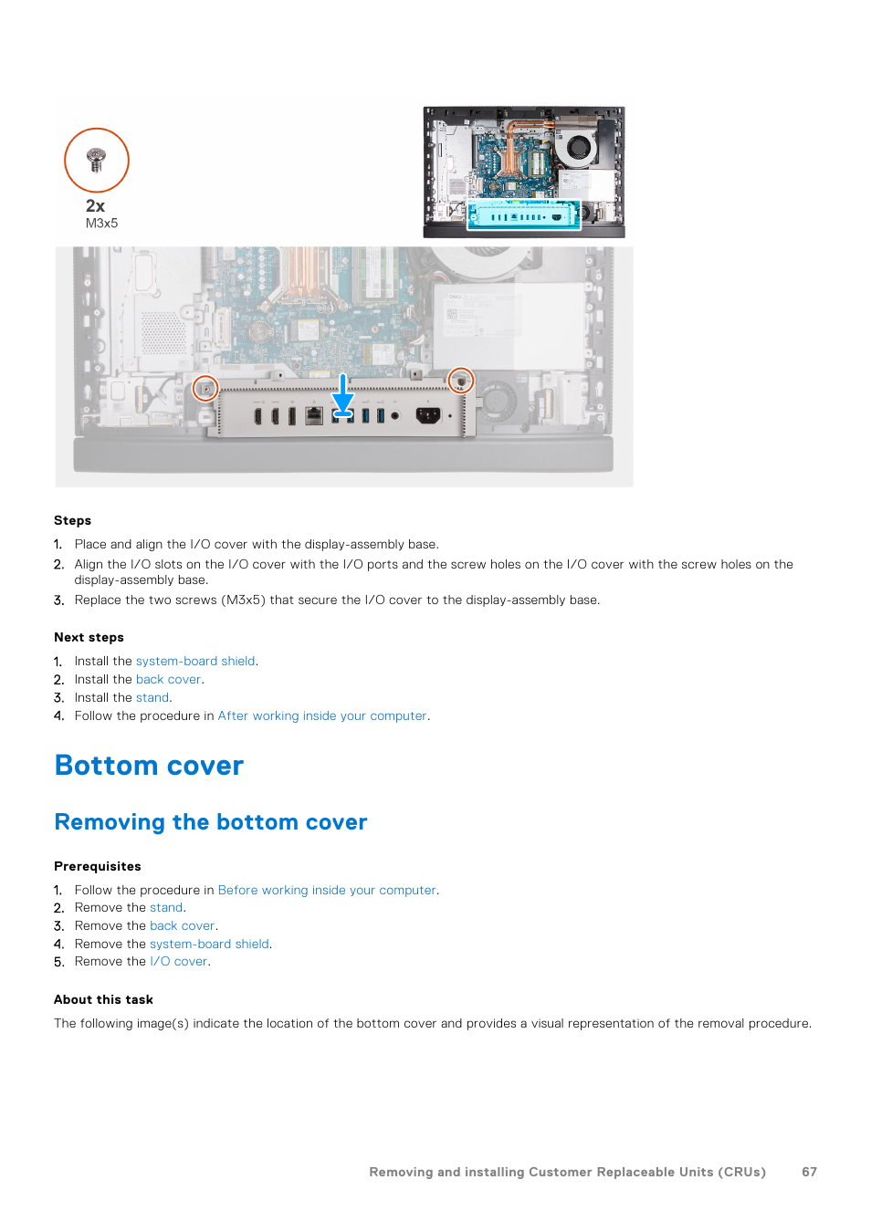 Bottom cover, Removing the bottom cover | Dell 23.8" OptiPlex 7410 All-in-One Desktop Computer (Gray) User Manual | Page 67 / 129