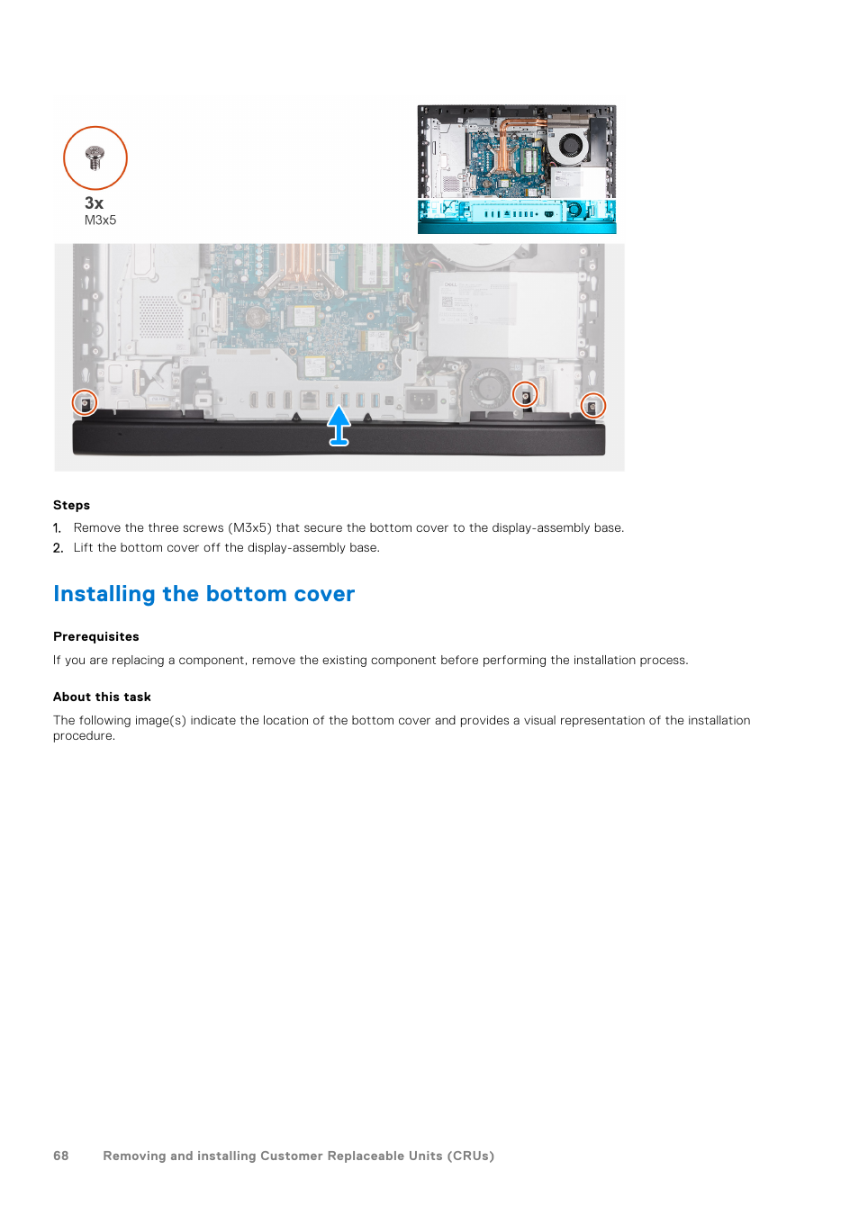 Installing the bottom cover | Dell 23.8" OptiPlex 7410 All-in-One Desktop Computer (Gray) User Manual | Page 68 / 129