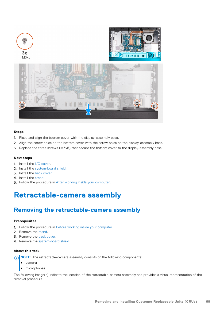 Retractable-camera assembly, Removing the retractable-camera assembly | Dell 23.8" OptiPlex 7410 All-in-One Desktop Computer (Gray) User Manual | Page 69 / 129