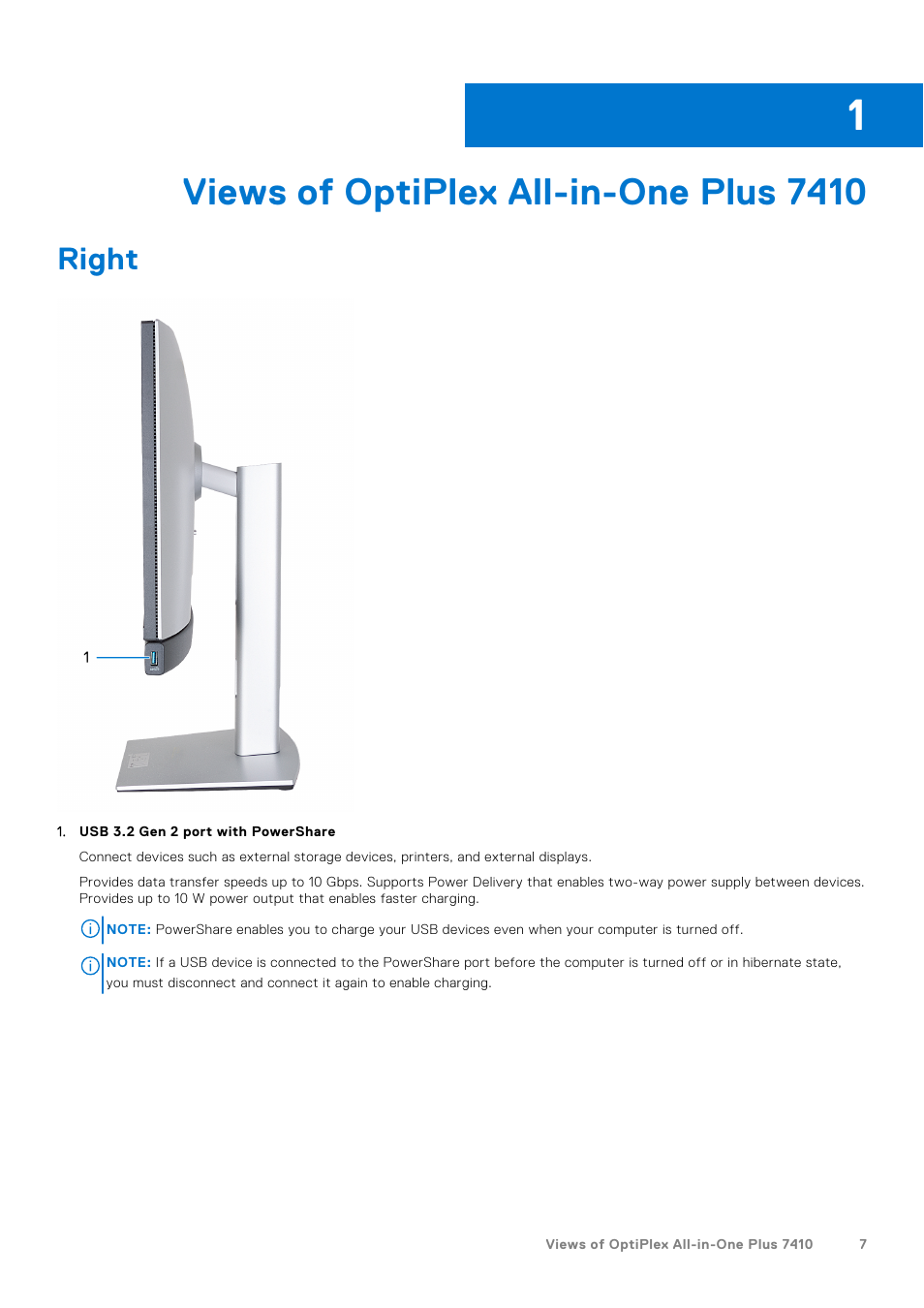 Views of optiplex all-in-one plus 7410, Right, Chapter 1: views of optiplex all-in-one plus 7410 | Dell 23.8" OptiPlex 7410 All-in-One Desktop Computer (Gray) User Manual | Page 7 / 129