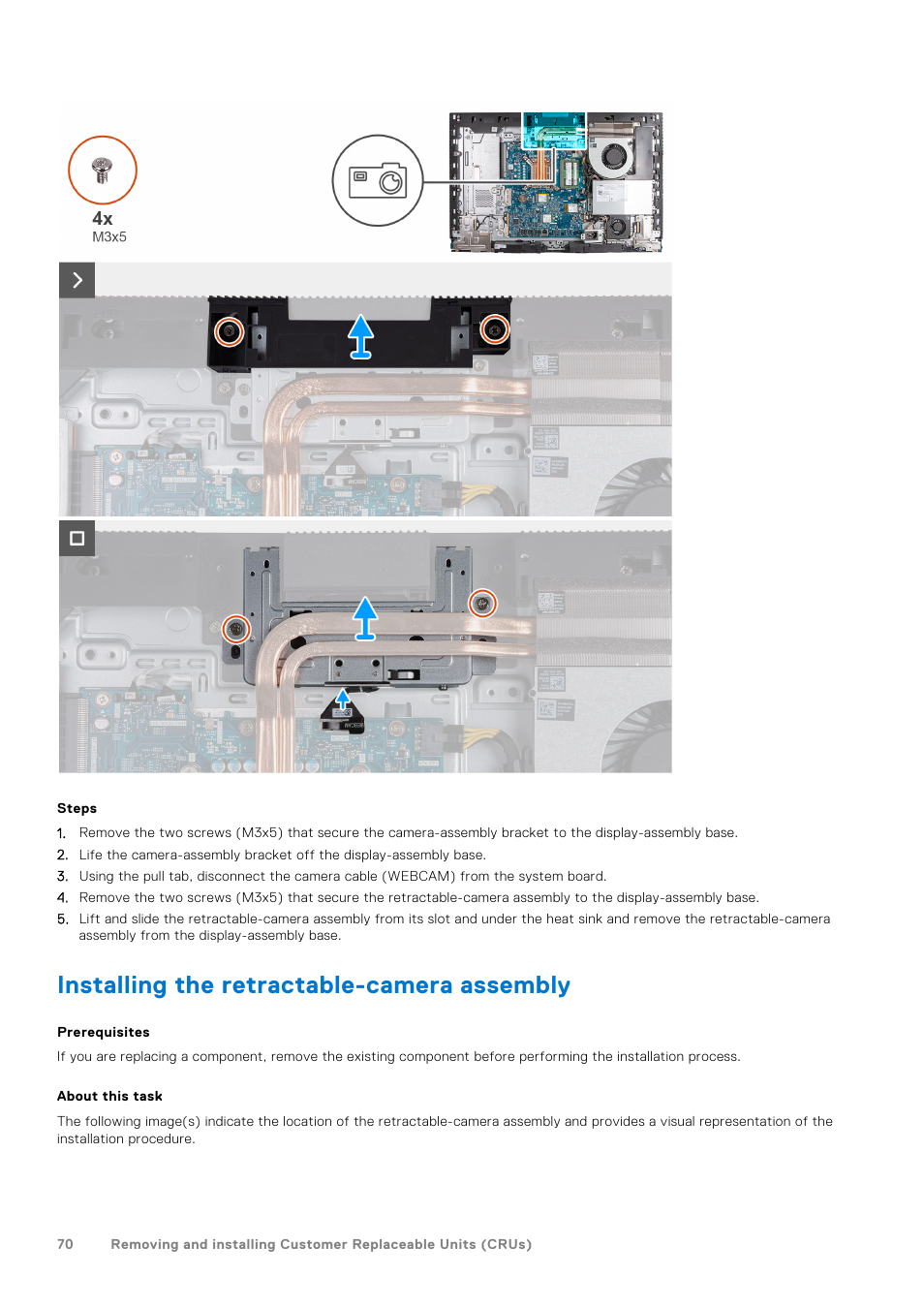 Installing the retractable-camera assembly | Dell 23.8" OptiPlex 7410 All-in-One Desktop Computer (Gray) User Manual | Page 70 / 129
