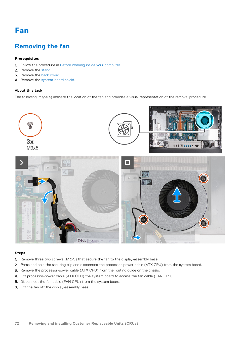 Removing the fan | Dell 23.8" OptiPlex 7410 All-in-One Desktop Computer (Gray) User Manual | Page 72 / 129