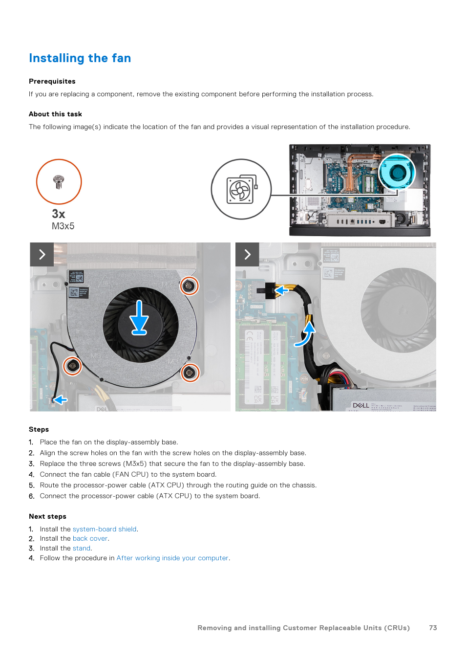 Installing the fan | Dell 23.8" OptiPlex 7410 All-in-One Desktop Computer (Gray) User Manual | Page 73 / 129