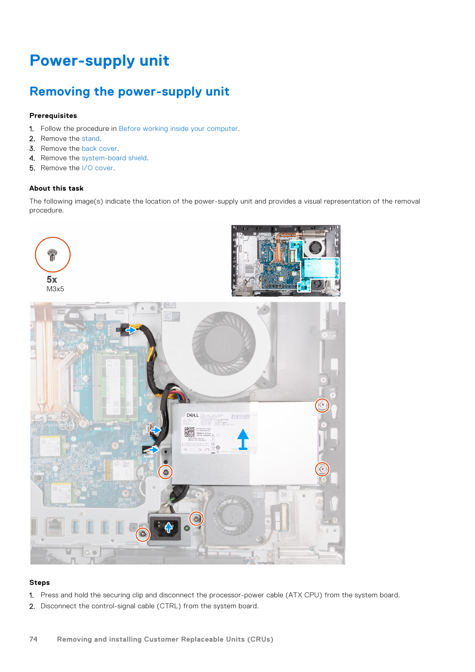 Power-supply unit, Removing the power-supply unit | Dell 23.8" OptiPlex 7410 All-in-One Desktop Computer (Gray) User Manual | Page 74 / 129
