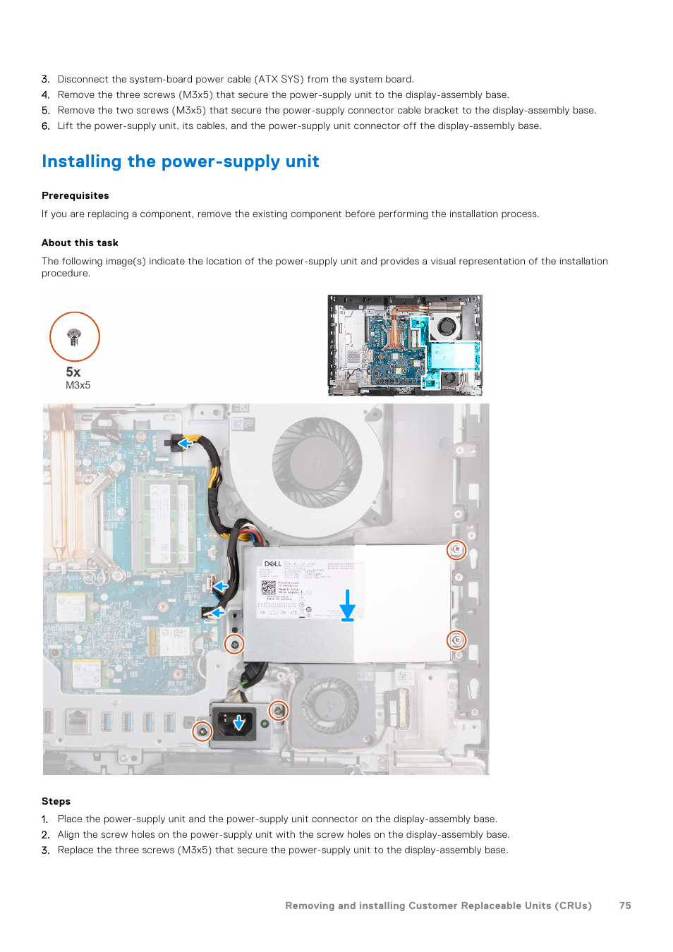 Installing the power-supply unit | Dell 23.8" OptiPlex 7410 All-in-One Desktop Computer (Gray) User Manual | Page 75 / 129