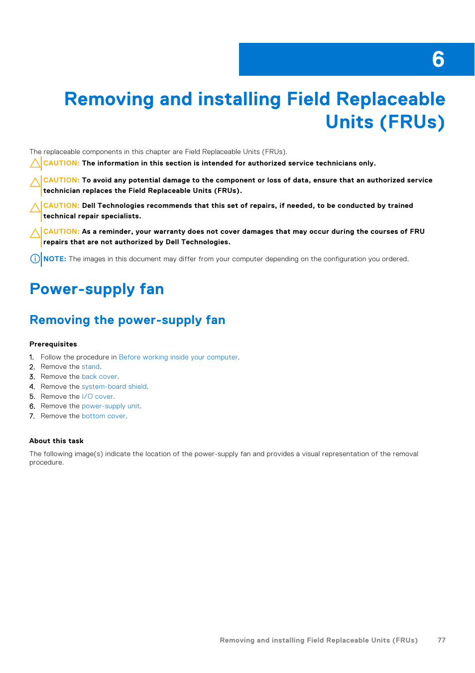 Power-supply fan, Removing the power-supply fan | Dell 23.8" OptiPlex 7410 All-in-One Desktop Computer (Gray) User Manual | Page 77 / 129