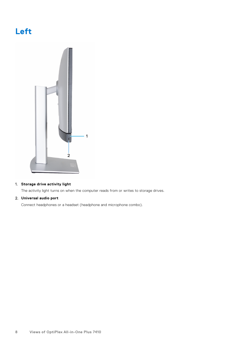 Left | Dell 23.8" OptiPlex 7410 All-in-One Desktop Computer (Gray) User Manual | Page 8 / 129