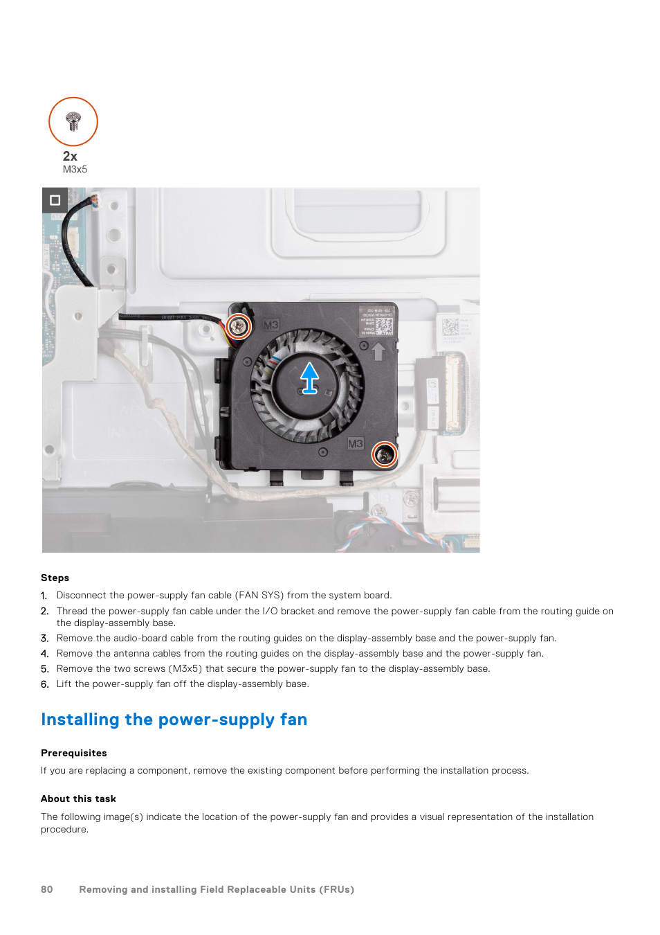 Installing the power-supply fan | Dell 23.8" OptiPlex 7410 All-in-One Desktop Computer (Gray) User Manual | Page 80 / 129