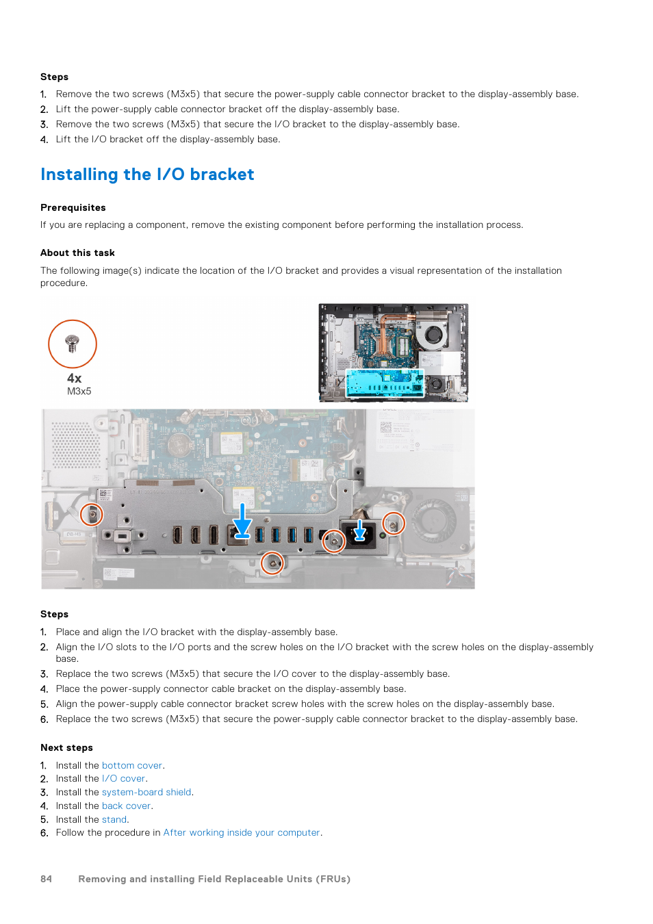 Installing the i/o bracket | Dell 23.8" OptiPlex 7410 All-in-One Desktop Computer (Gray) User Manual | Page 84 / 129