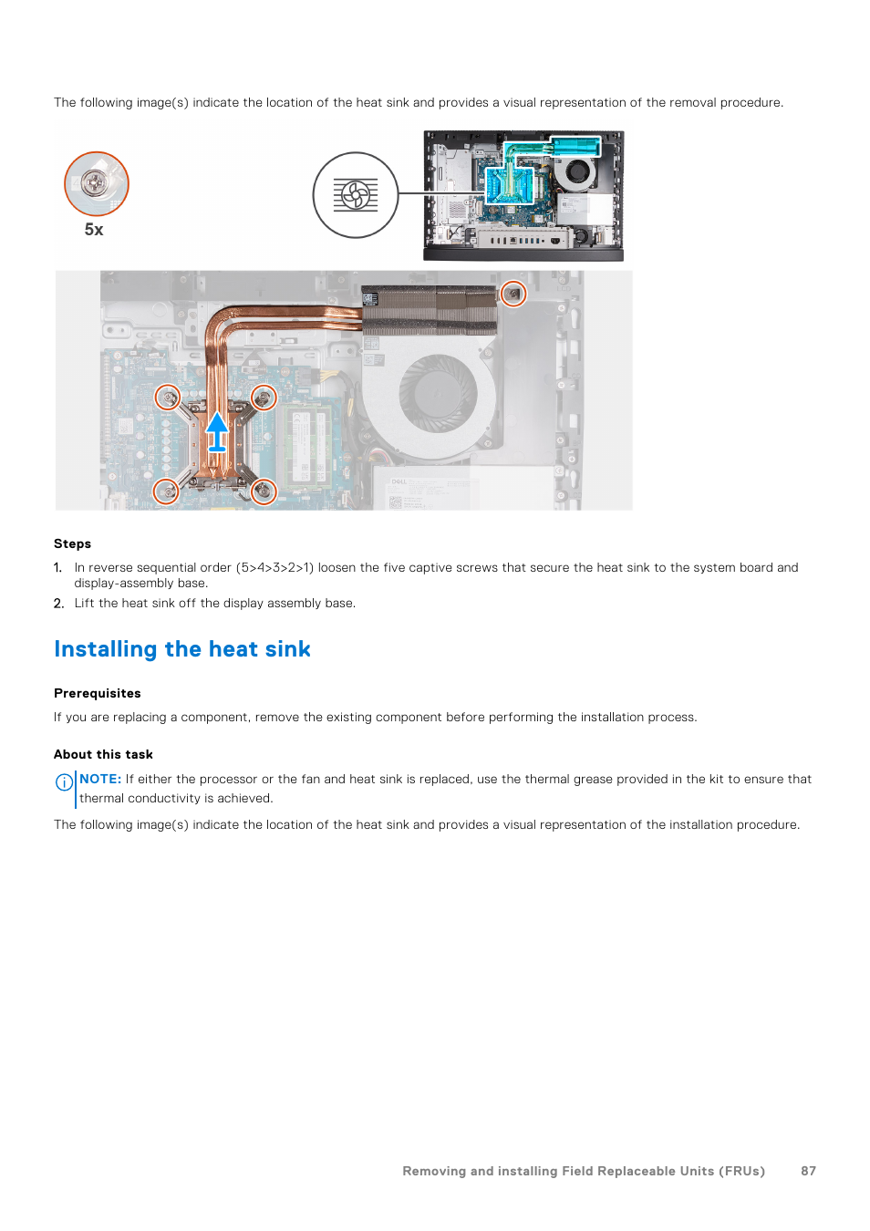 Installing the heat sink | Dell 23.8" OptiPlex 7410 All-in-One Desktop Computer (Gray) User Manual | Page 87 / 129