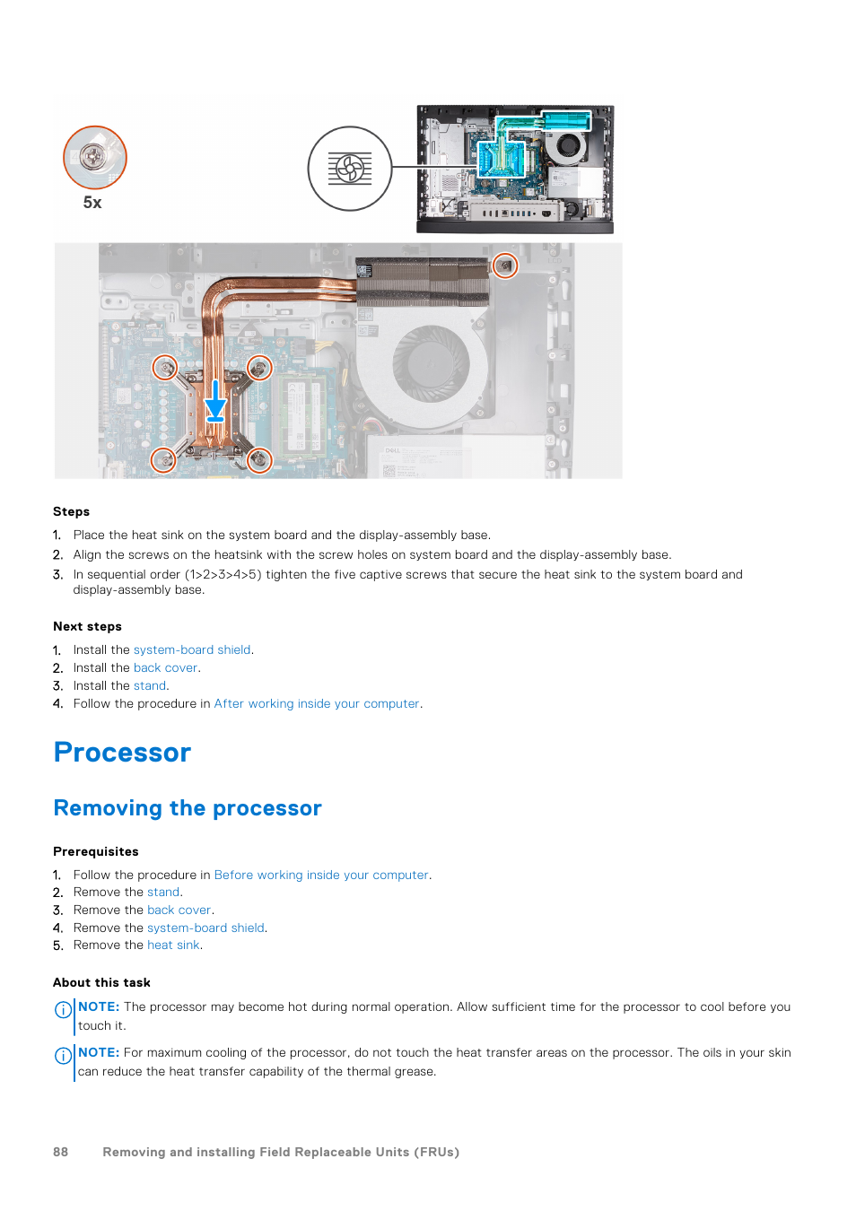 Processor, Removing the processor | Dell 23.8" OptiPlex 7410 All-in-One Desktop Computer (Gray) User Manual | Page 88 / 129