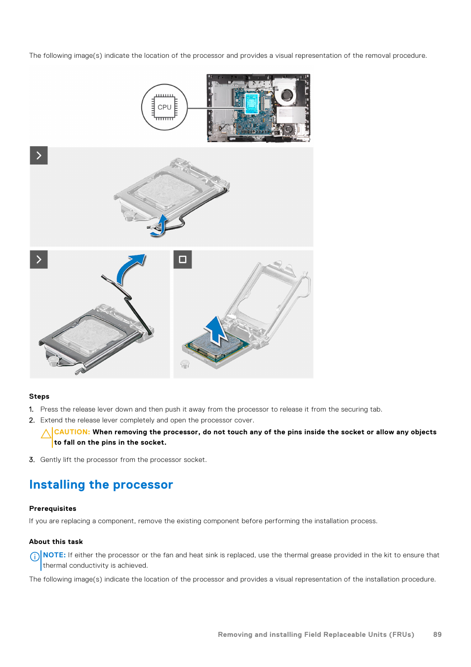Installing the processor | Dell 23.8" OptiPlex 7410 All-in-One Desktop Computer (Gray) User Manual | Page 89 / 129