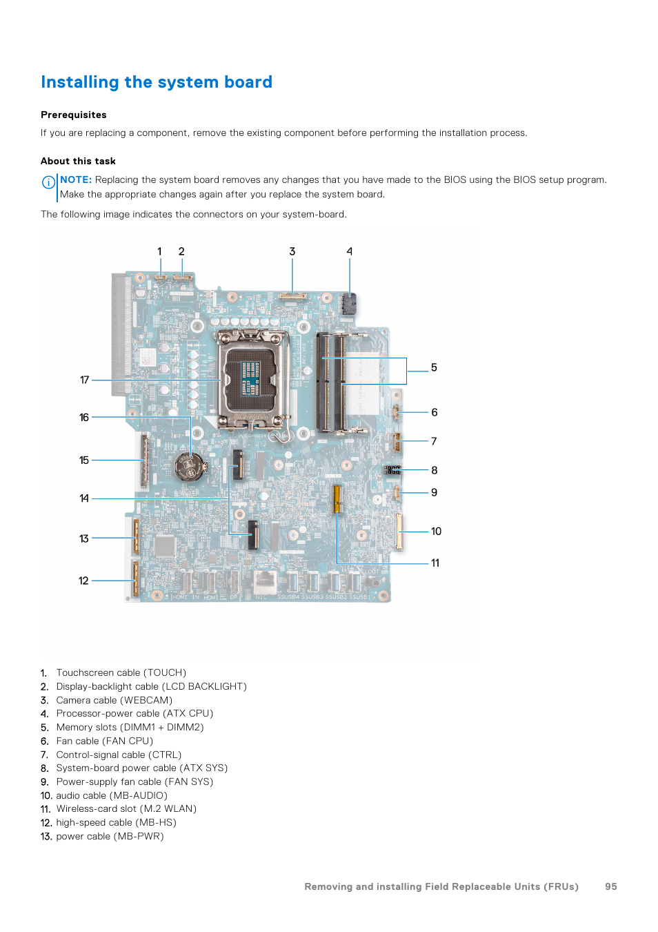 Installing the system board | Dell 23.8" OptiPlex 7410 All-in-One Desktop Computer (Gray) User Manual | Page 95 / 129