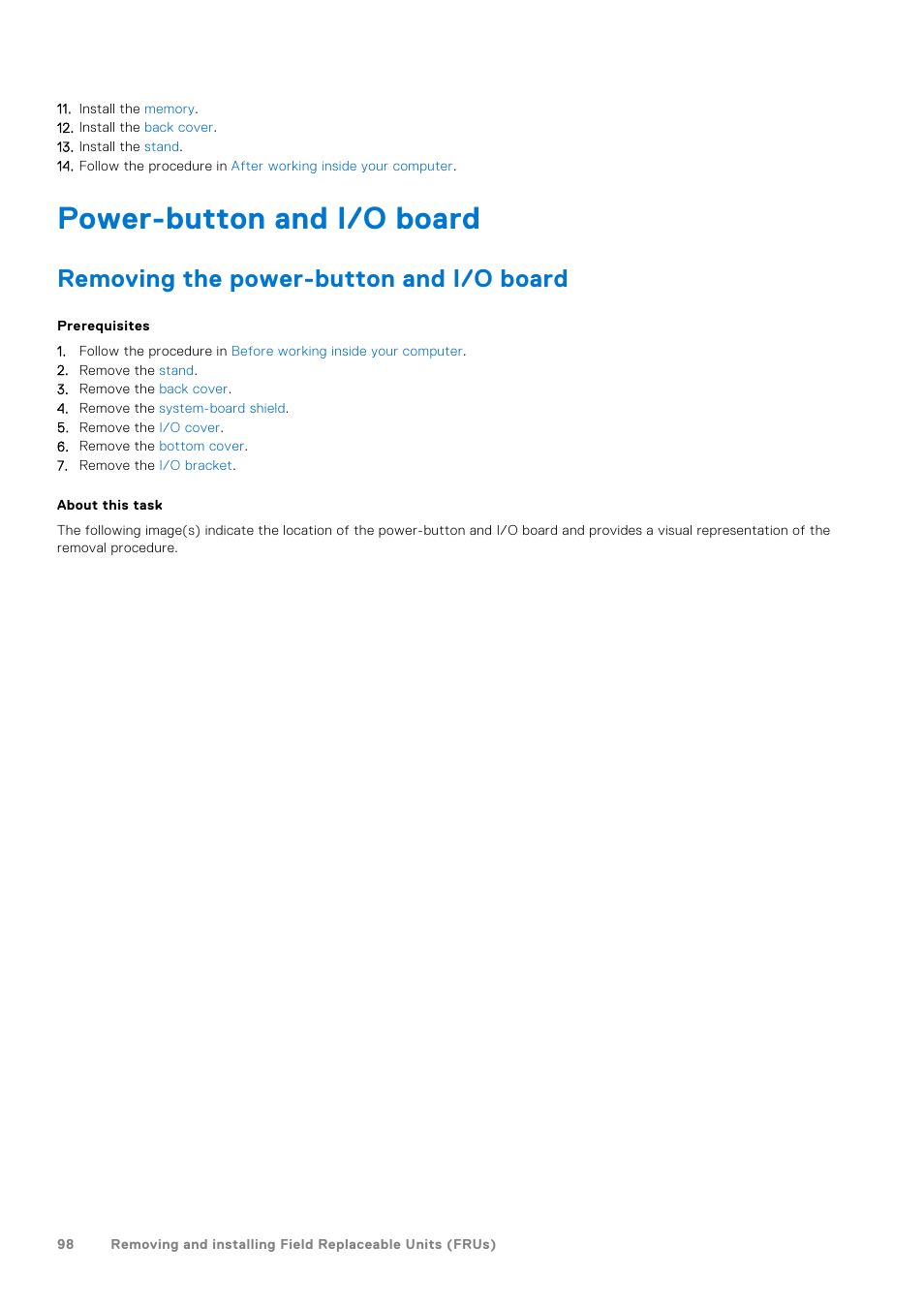 Power-button and i/o board, Removing the power-button and i/o board | Dell 23.8" OptiPlex 7410 All-in-One Desktop Computer (Gray) User Manual | Page 98 / 129