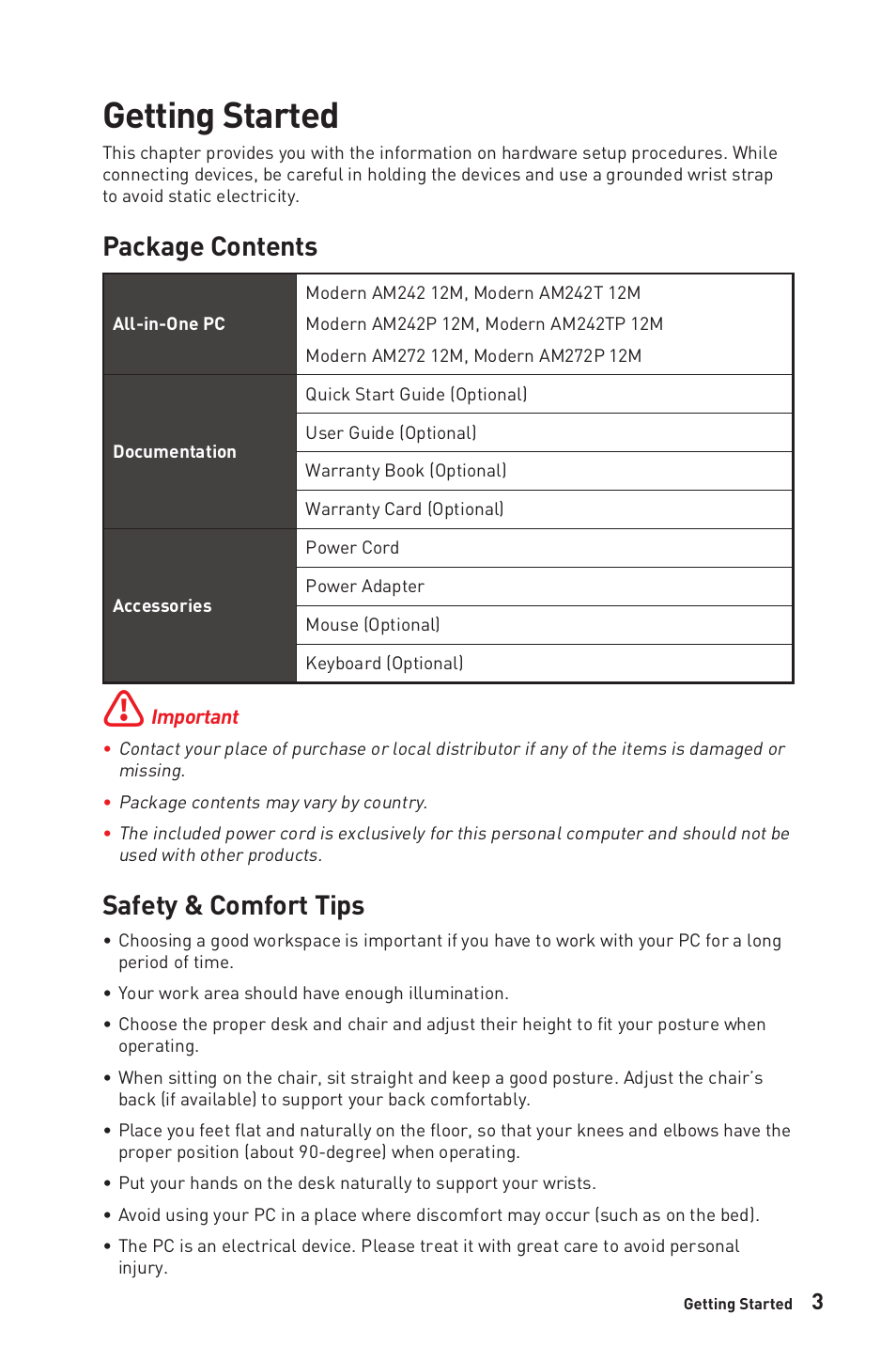 Getting started, Package contents, Safety & comfort tips | Package contents safety & comfort tips | MSI 27" Modern AM272P All-in-One Desktop Computer (Black) User Manual | Page 3 / 49