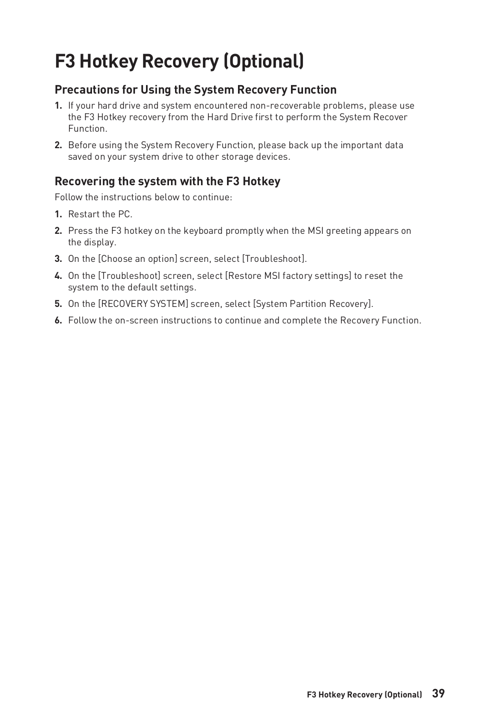 F3 hotkey recovery (optional) | MSI 27" Modern AM272P All-in-One Desktop Computer (Black) User Manual | Page 39 / 49